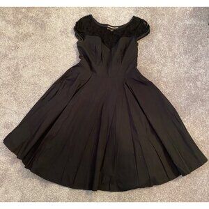 eShakti Black Dress Lace Neck Line Fit Flare 36" Long Cotton Short Sleeve XS